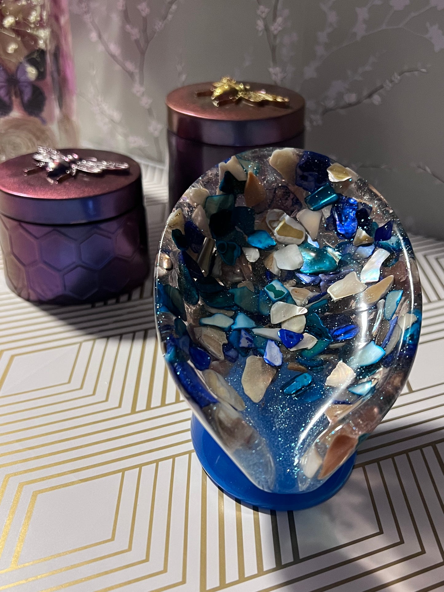 Beautiful Self draining resin soap dish with shell and sea glass inclusions