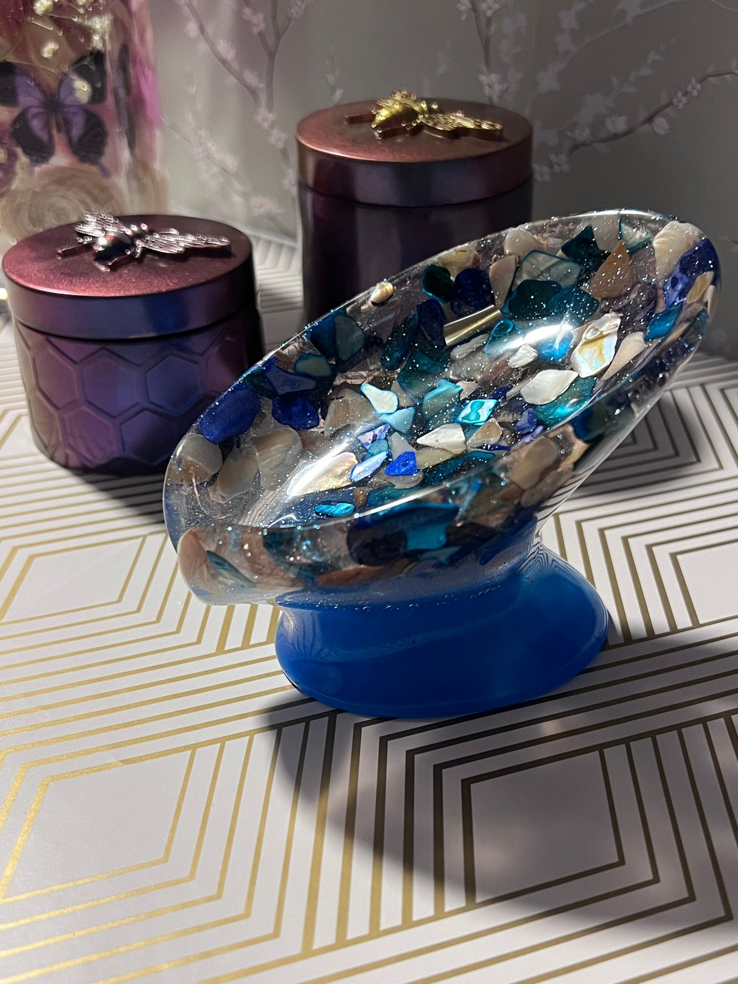 Beautiful Self draining resin soap dish with shell and sea glass inclusions