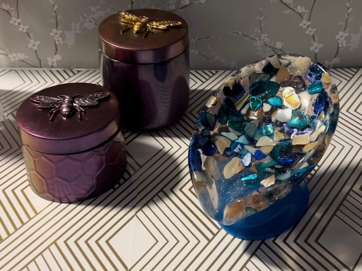 Beautiful Self draining resin soap dish with shell and sea glass inclusions