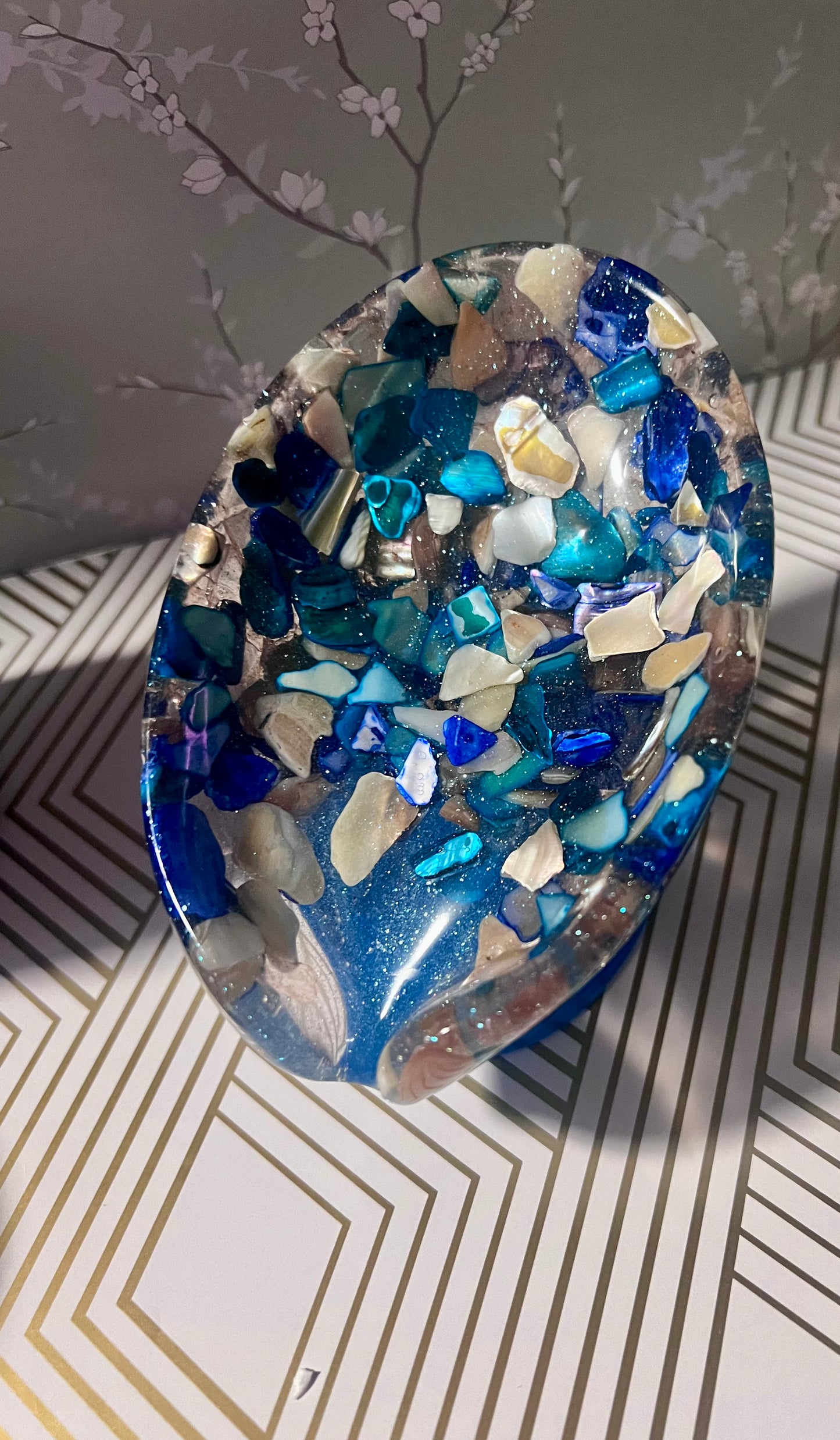 Beautiful Self draining resin soap dish with shell and sea glass inclusions