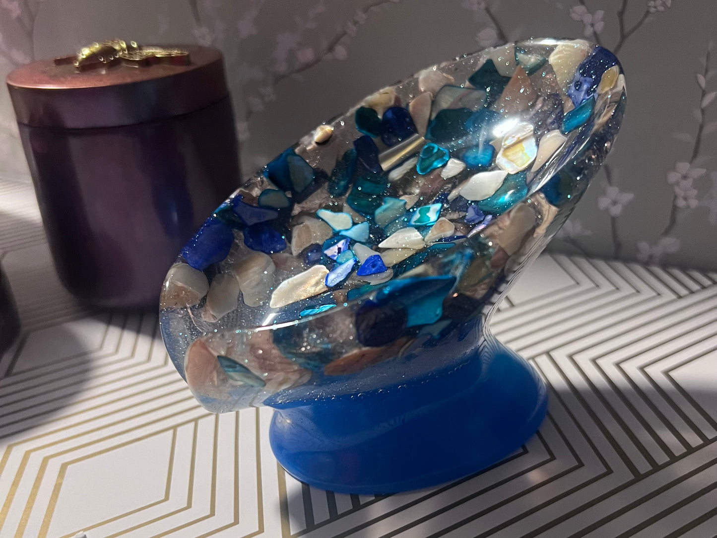 Beautiful Self draining resin soap dish with shell and sea glass inclusions