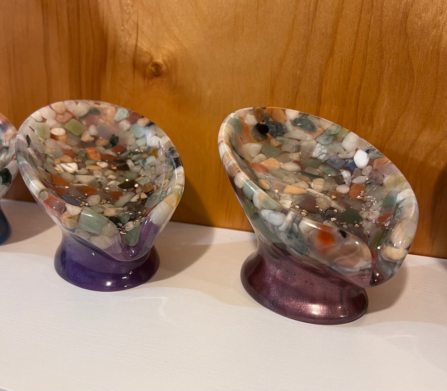 Beautiful self draining resin soap dish with crystal and stone inclusions