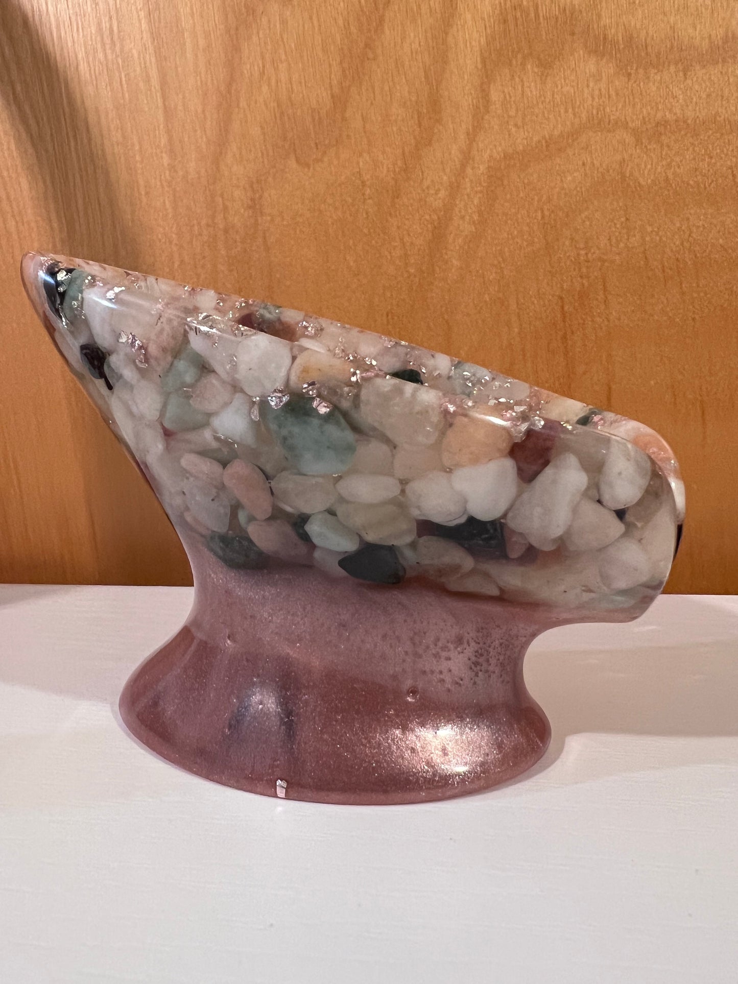 Beautiful self draining resin soap dish with crystal and stone inclusions