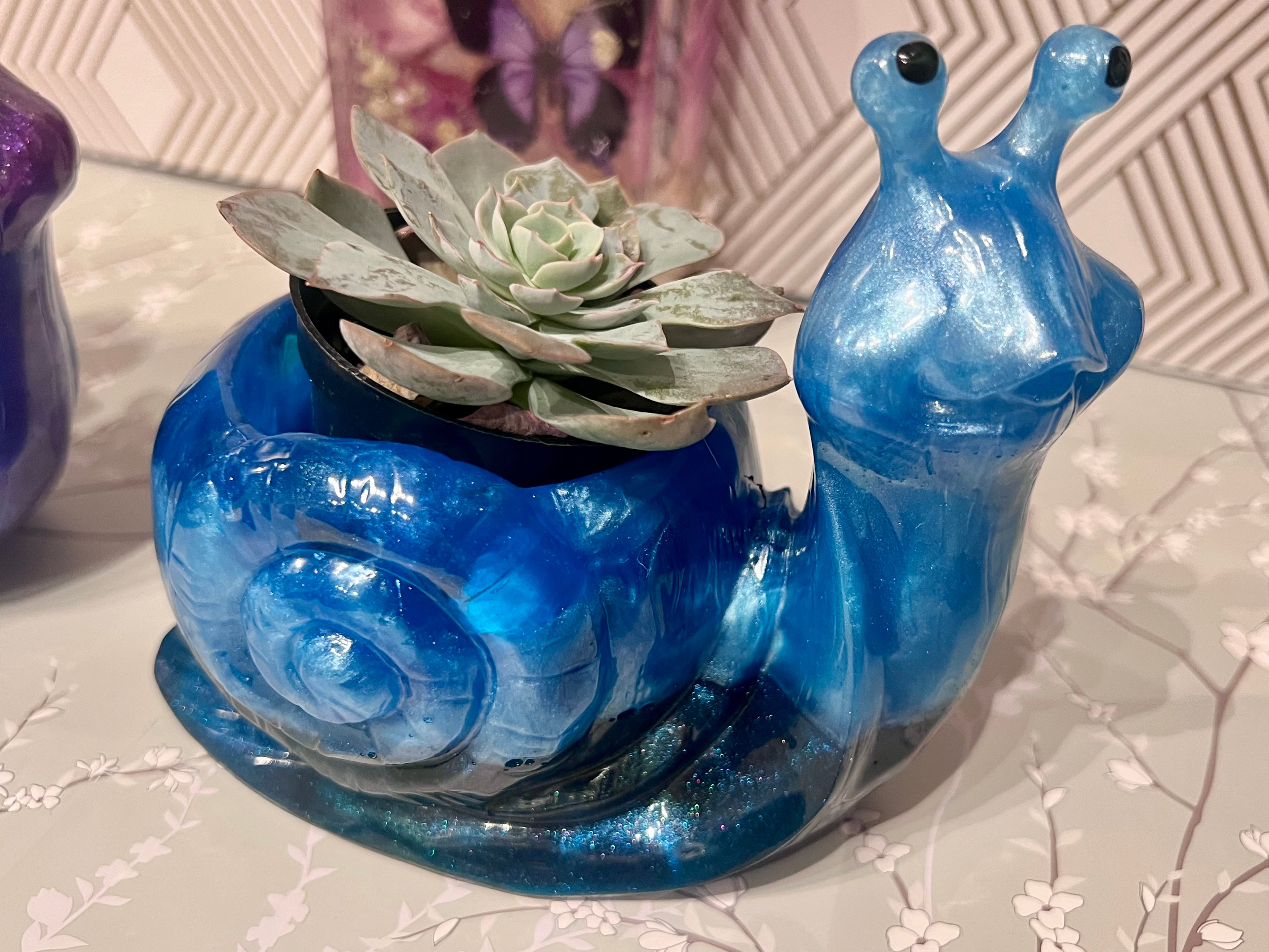A beautiful resin Snail succulent pot