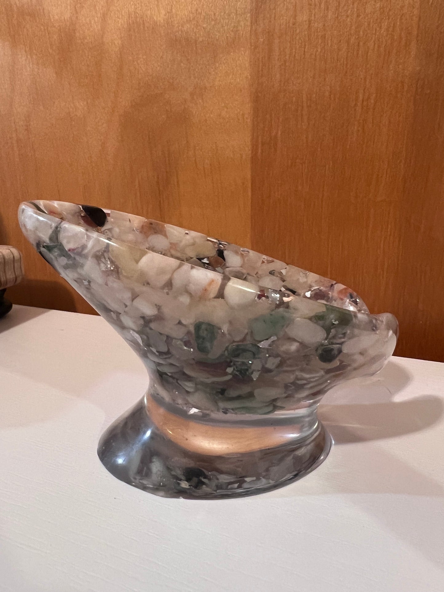 Beautiful self draining resin soap dish with crystal and stone inclusions