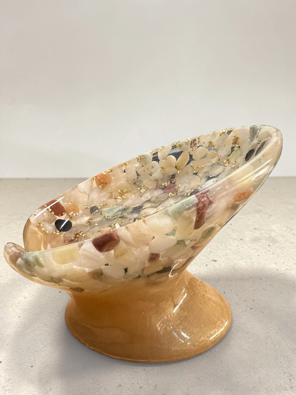 Beautiful self draining resin soap dish with crystal and stone inclusions