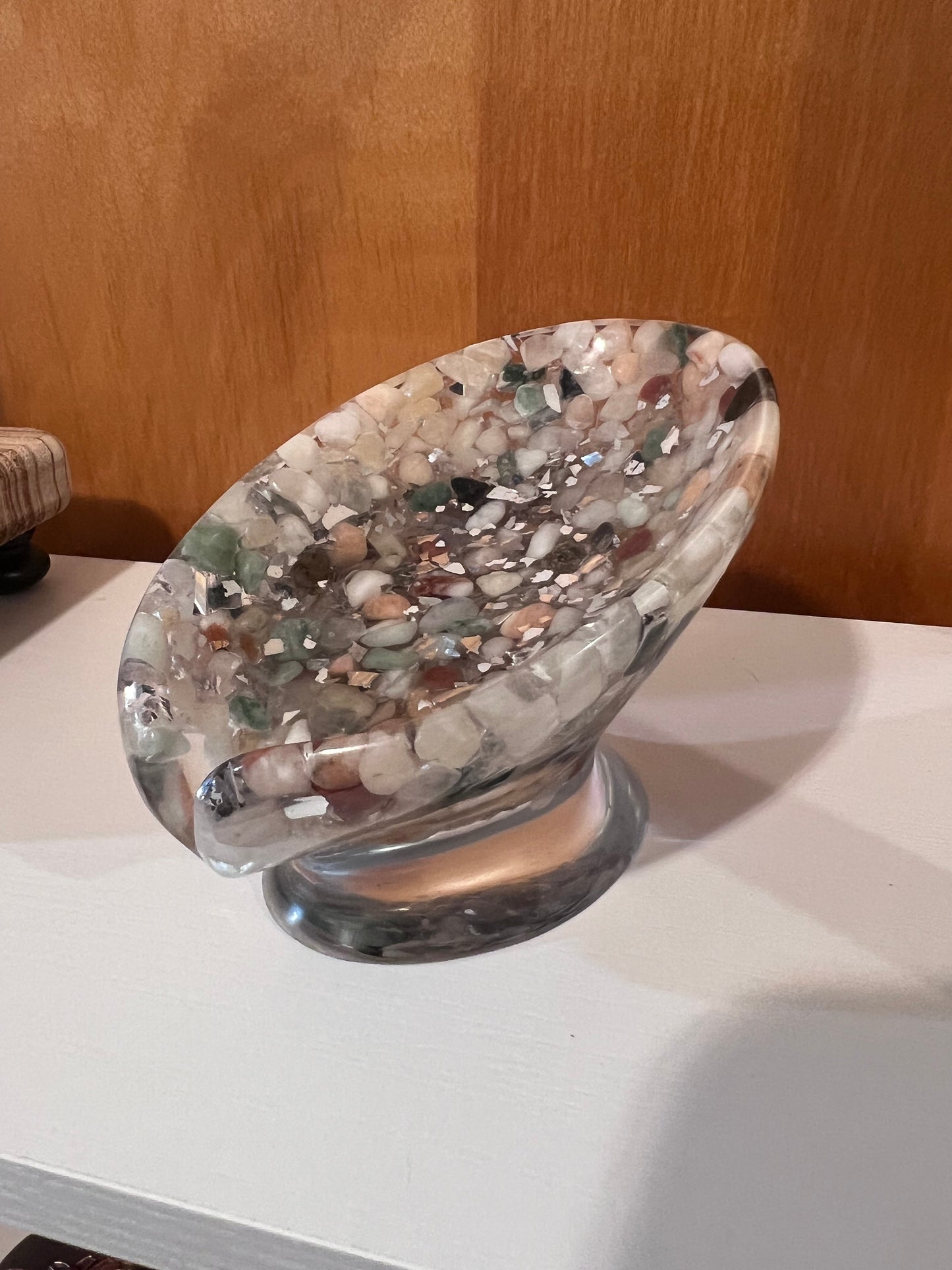 Beautiful self draining resin soap dish with crystal and stone inclusions