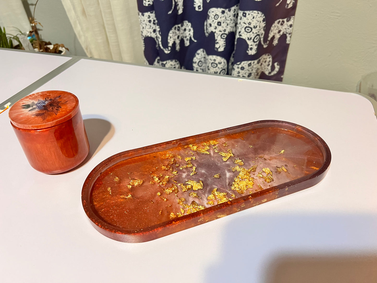 Large Oval resin tray with burgundy, purple and gold leaf.