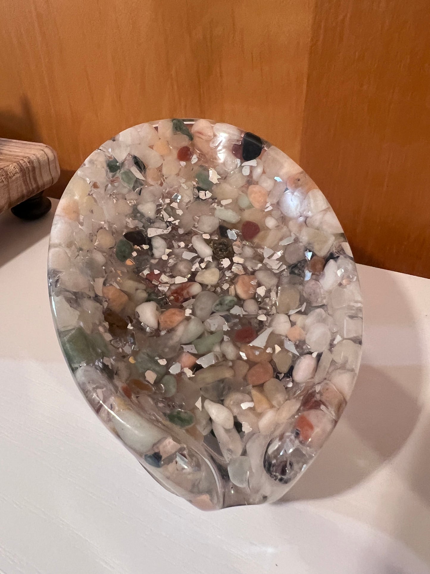 Beautiful self draining resin soap dish with crystal and stone inclusions