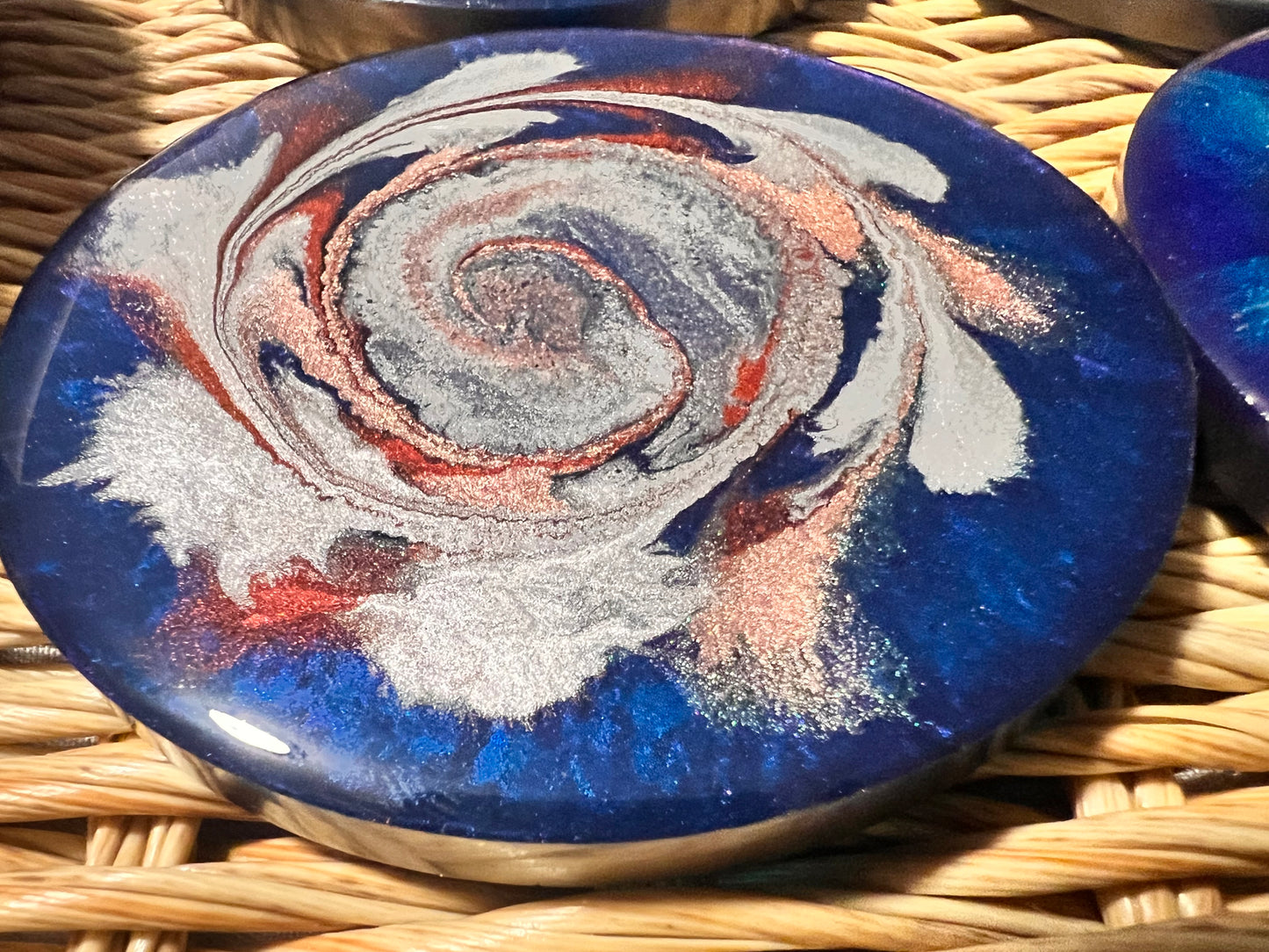 Modern abstract blue, rose gold, silver and red resin coaster set