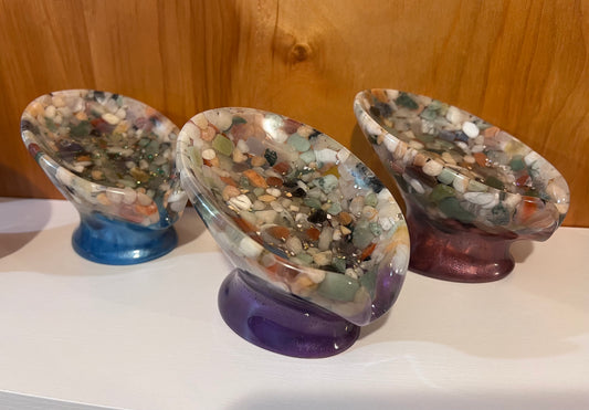 Beautiful self draining resin soap dish with crystal and stone inclusions