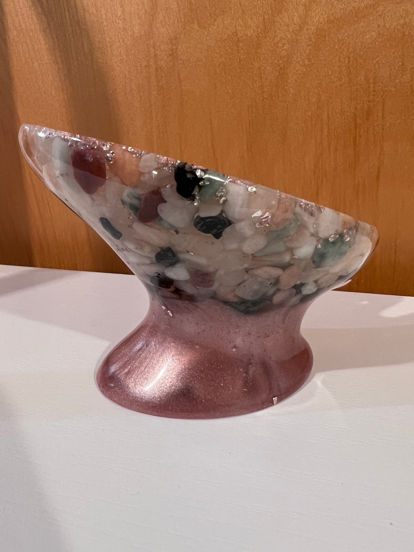 Beautiful self draining resin soap dish with crystal and stone inclusions