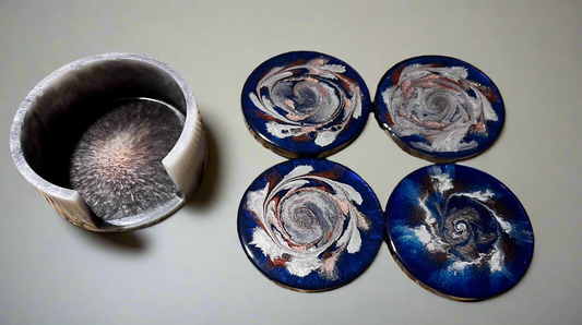 Modern abstract blue, rose gold, silver and red resin coaster set