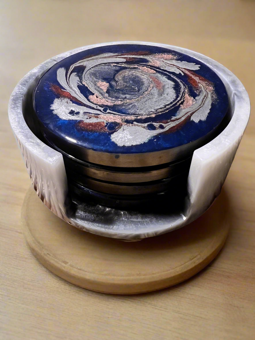 Modern abstract blue, rose gold, silver and red resin coaster set