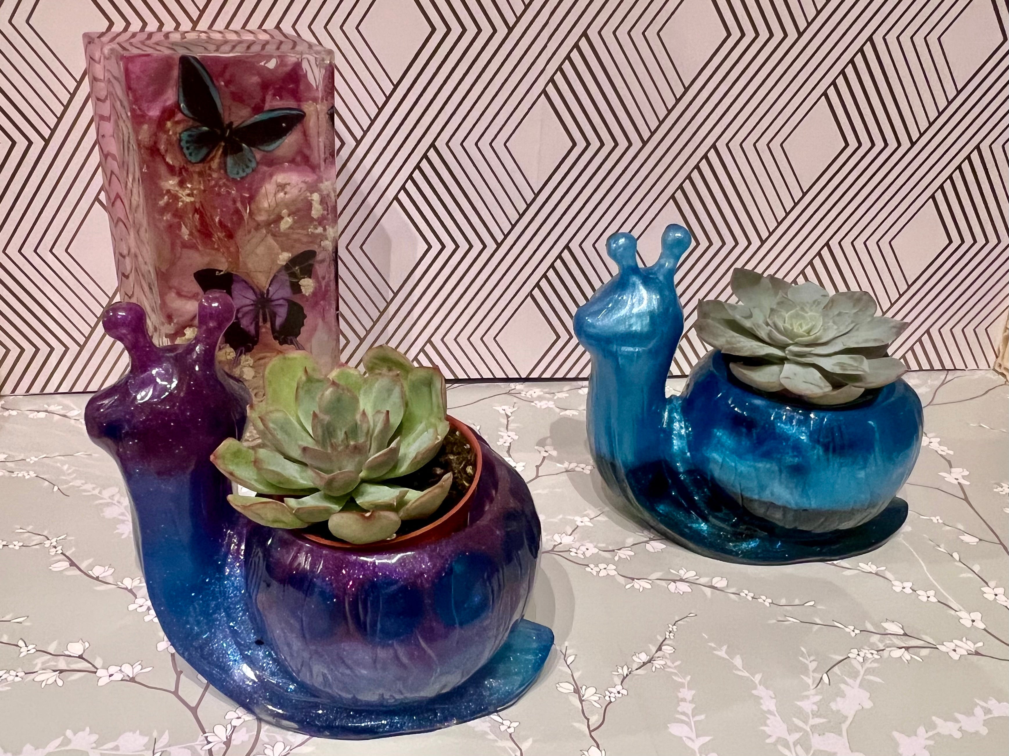 A beautiful resin Snail succulent pot