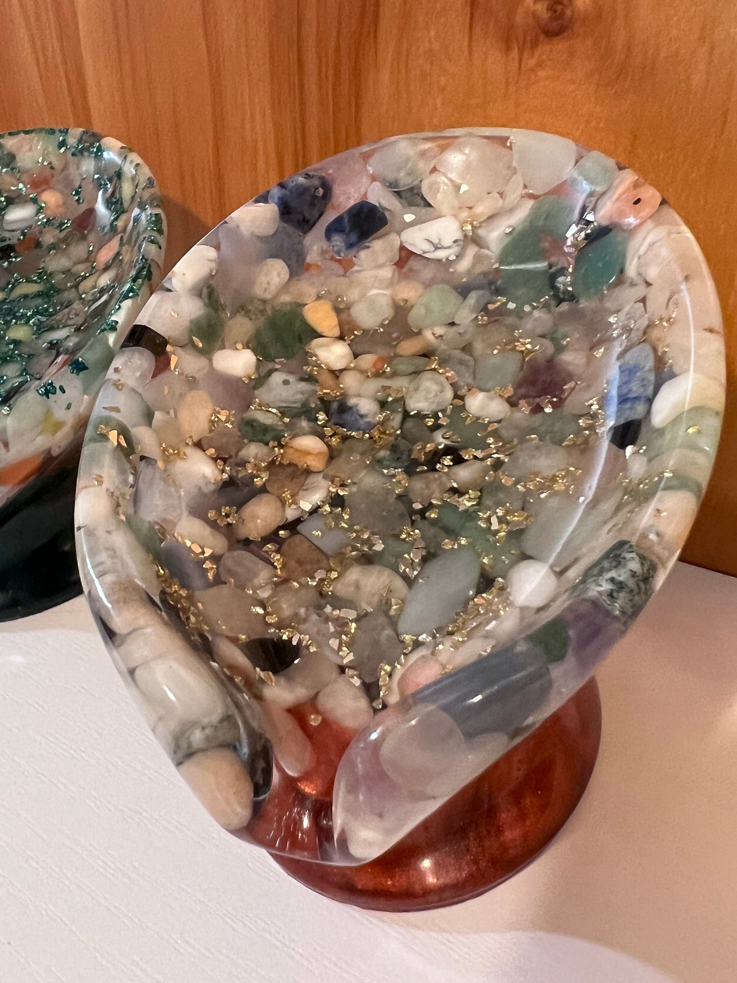 Beautiful self draining resin soap dish with crystal and stone inclusions