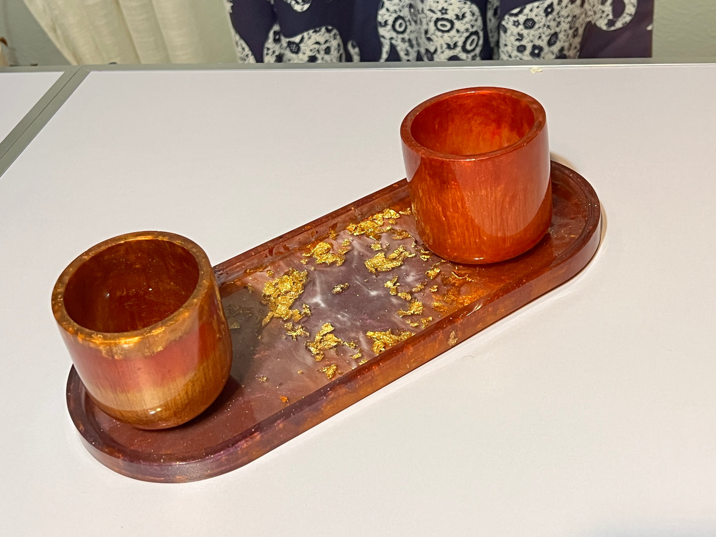 Large Oval resin tray with burgundy, purple and gold leaf.