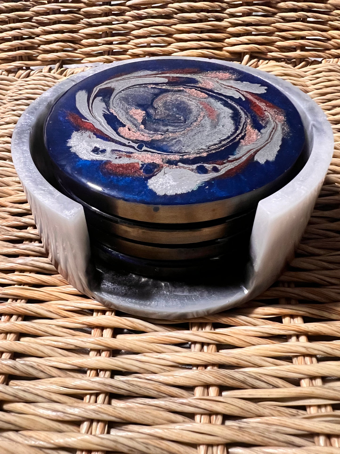 Modern abstract blue, rose gold, silver and red resin coaster set