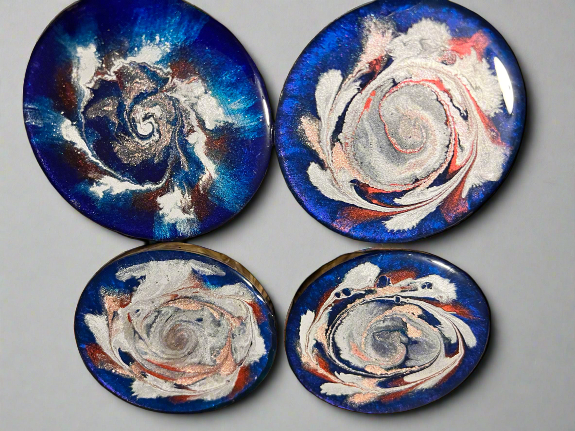 Modern abstract blue, rose gold, silver and red resin coaster set