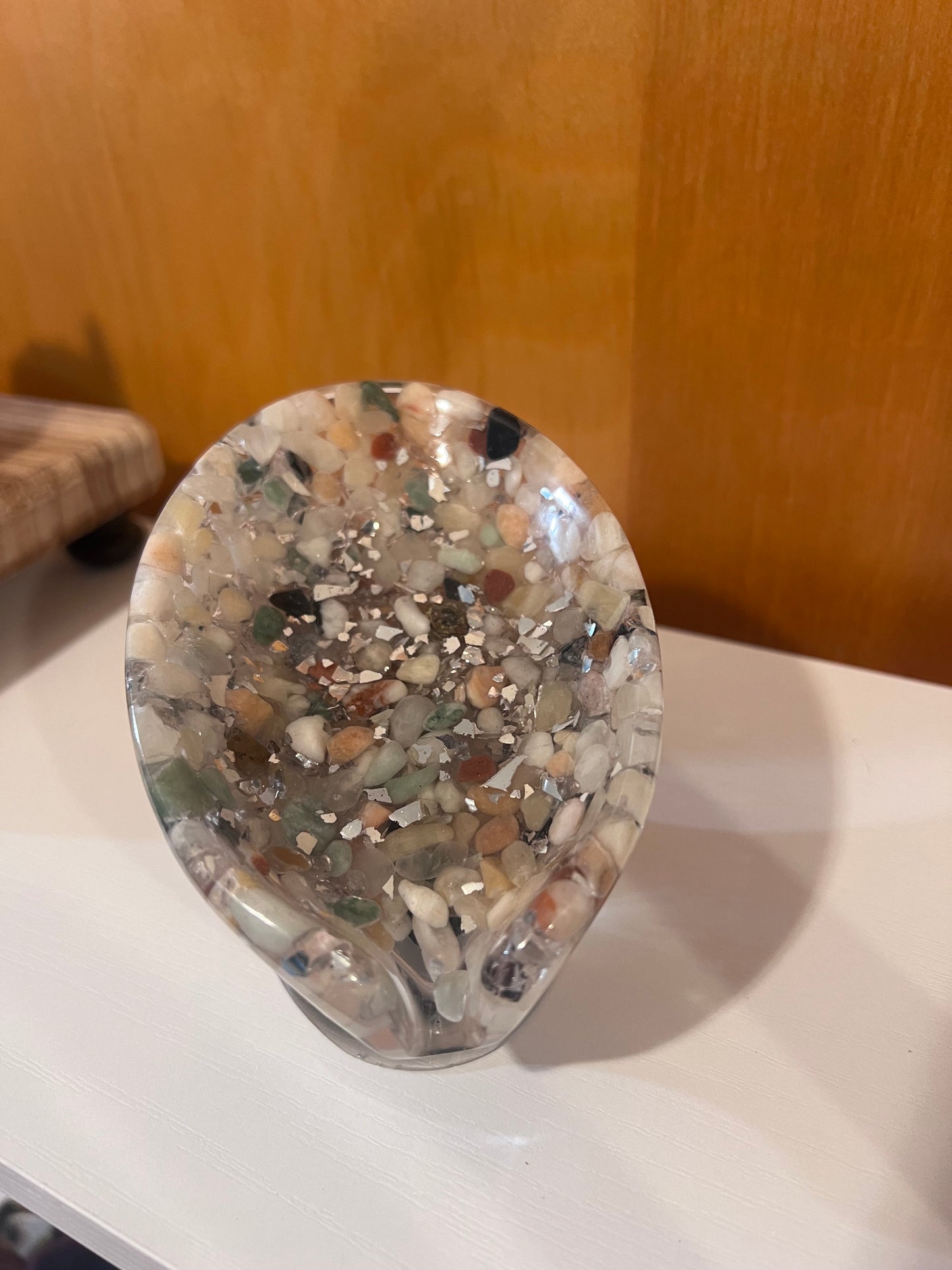 Beautiful self draining resin soap dish with crystal and stone inclusions