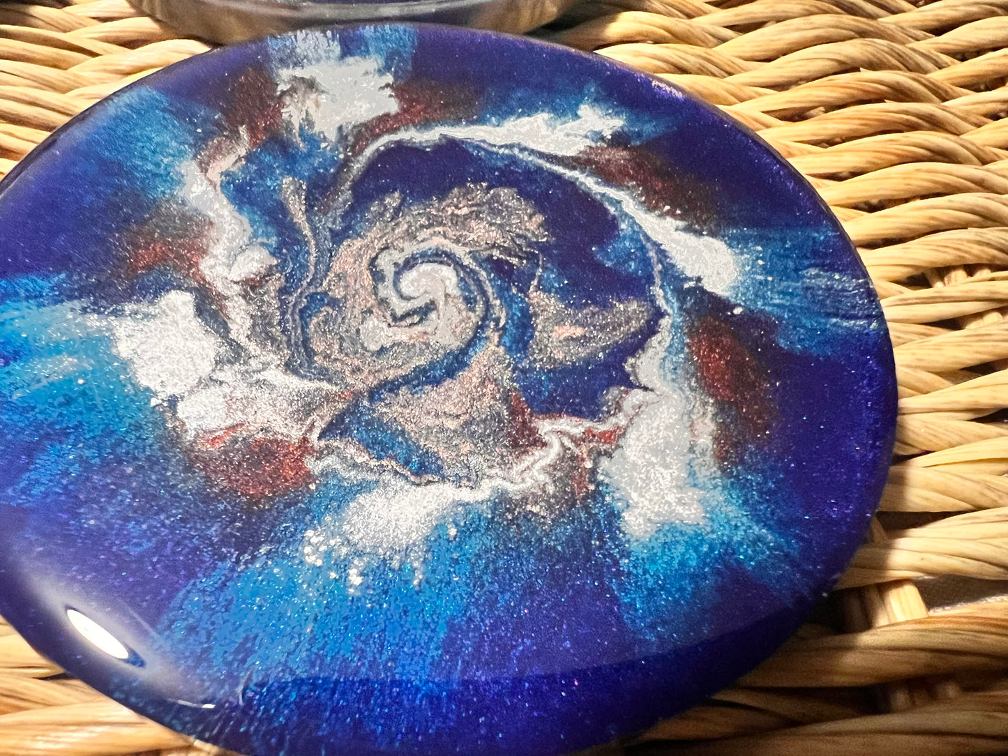 Modern abstract blue, rose gold, silver and red resin coaster set