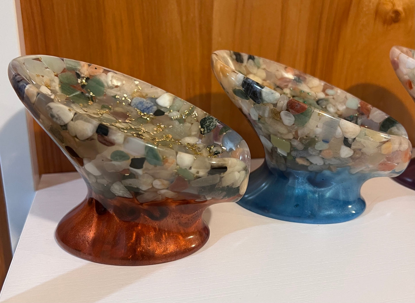 Beautiful self draining resin soap dish with crystal and stone inclusions