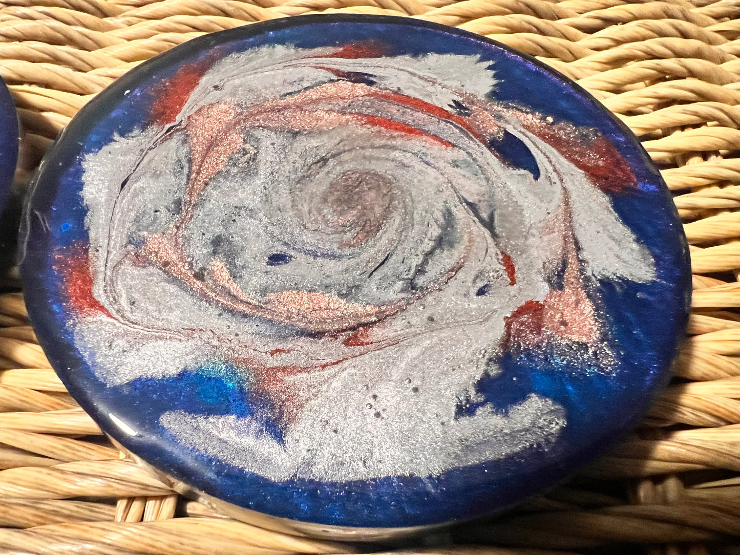 Modern abstract blue, rose gold, silver and red resin coaster set