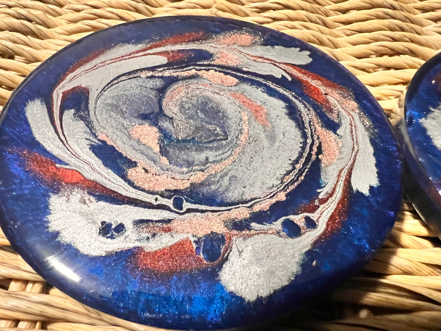 Modern abstract blue, rose gold, silver and red resin coaster set