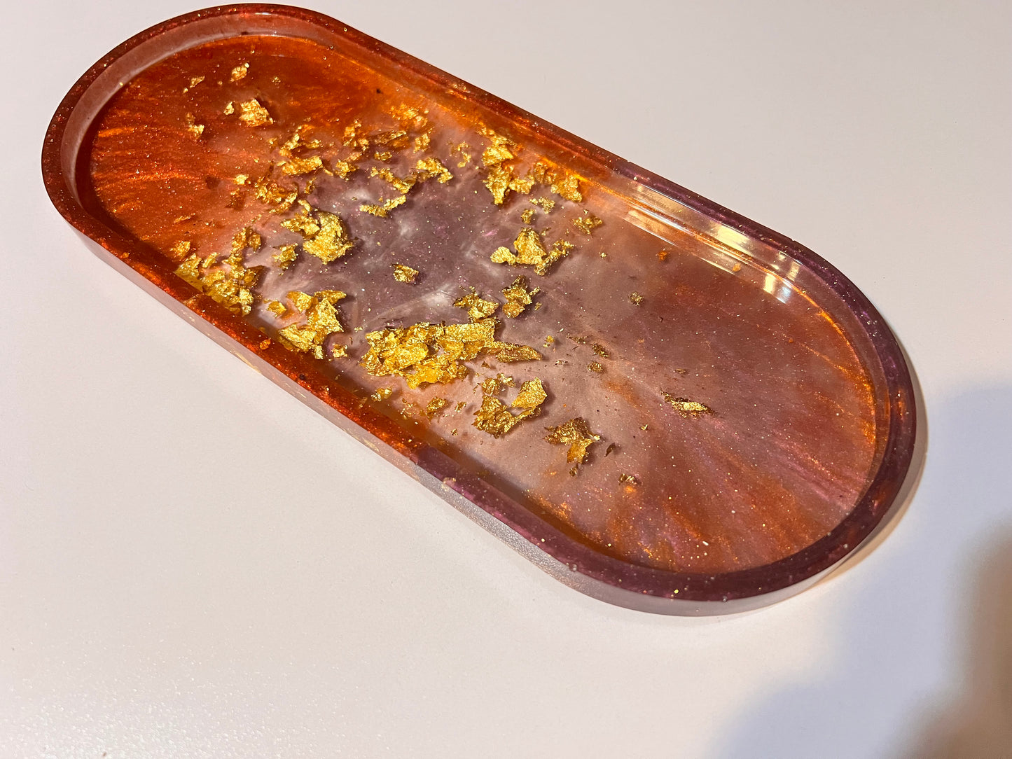 Large Oval resin tray with burgundy, purple and gold leaf.